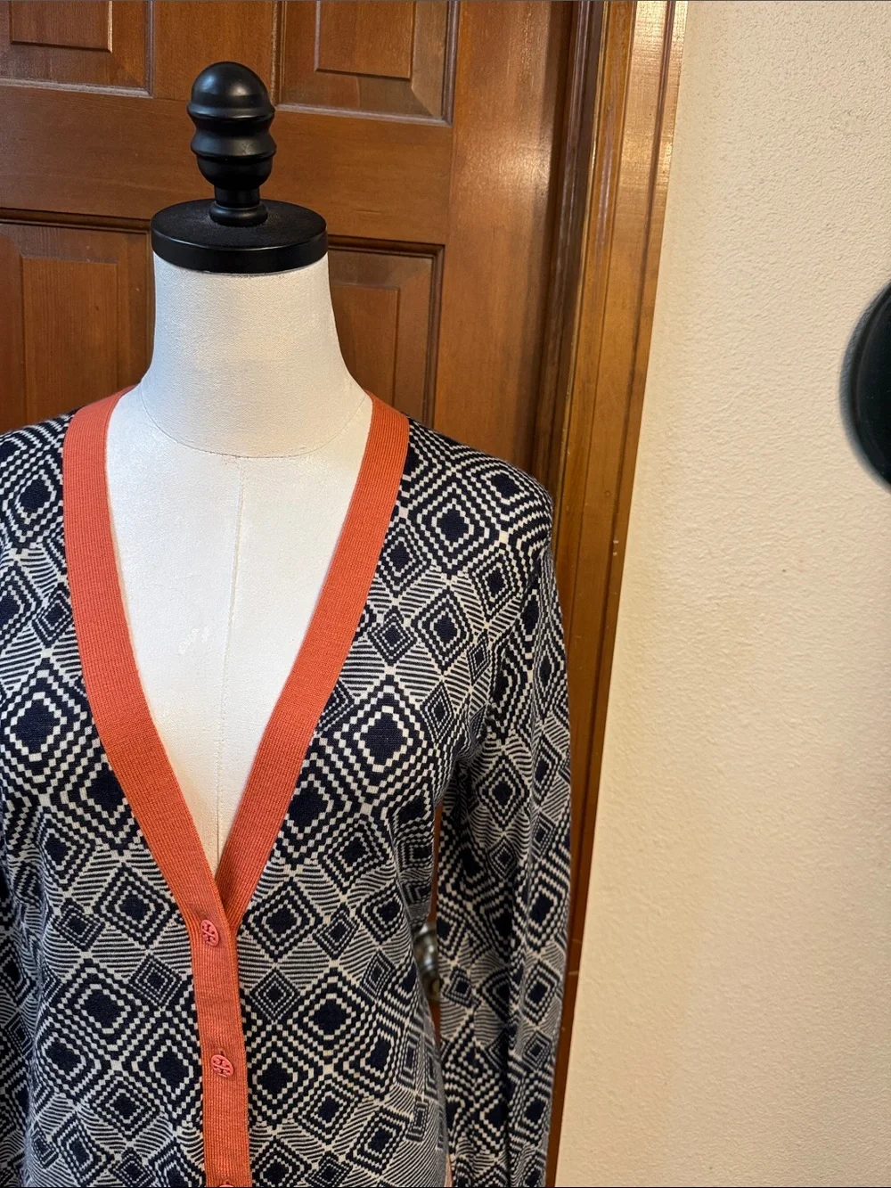 Tory Burch Navy, Cream and Coral Geometric Button Cardigan Size M